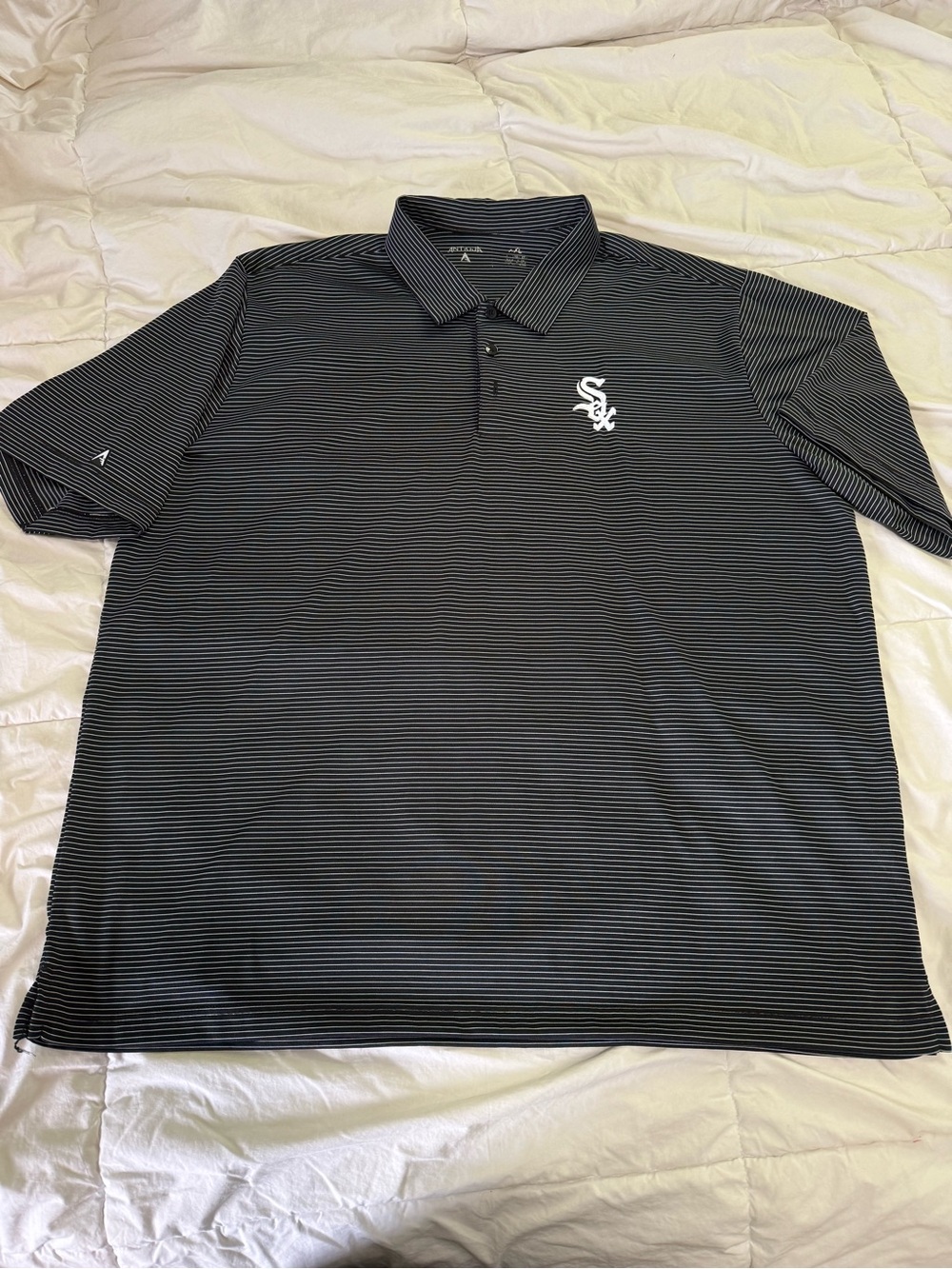 Antigua Black Striped Polo Shirt with White Logo - Men's